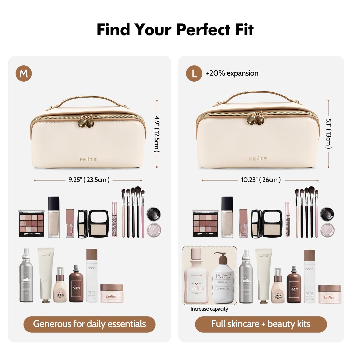 Prite Makeup Bag for Women Travel Waterproof Vegan Leather Cosmetic Bag Open Flat Toiletry Bag With Clear Divider and Handle (Beige, Medium)