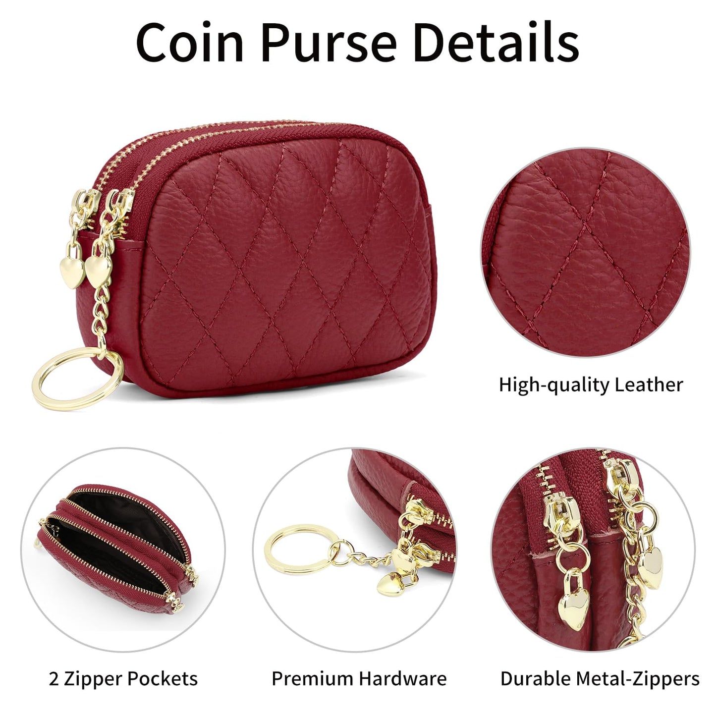 SENDEFN Women's Coin Purse Genuine Leather Wallet Small 2 Zippers Change Pouch Purse with Keychain Ring