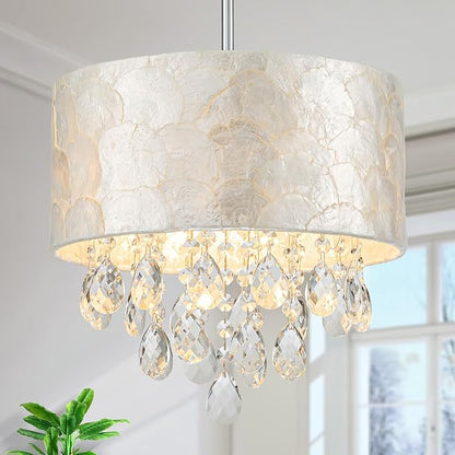 3-Lights Drum Capiz Shell Crystal Chandeliers, Coastal Style Pendant Light Fixture for Dining Room, Living Room, D12 x H19~49"(Adjustable), Shell Lampshade & Chrome Finish