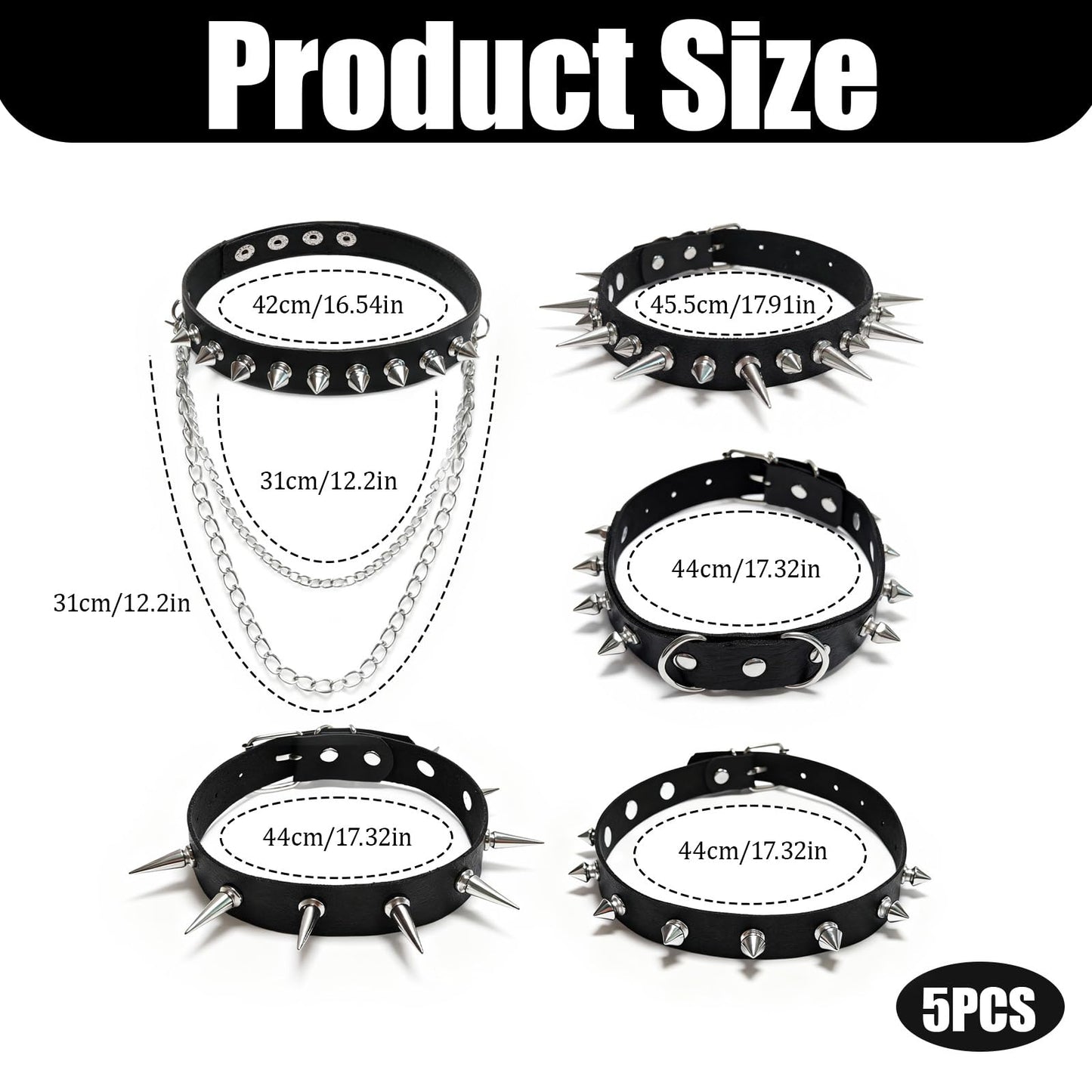 Qoncosy 5 Pcs Goth spiked choker Necklace Set, Spiked Choker with Heart and Paw Studs, Gothic Cat Collar, Adjustable PU Leather Collar for Women, Gothic Punk Rock Accessories for Concerts Halloween Cosplay (Gothic4)