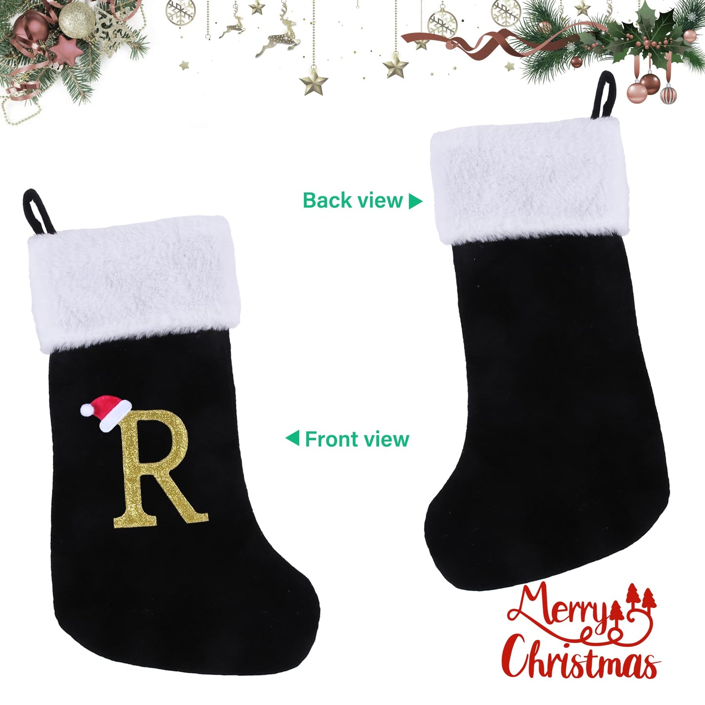 20 Inches Monogram Christmas Stockings with Letters, Large Super Soft Christmas Stockings Black Velvet with White Super Soft Plush Cuff for Xmas Tree Holiday Fireplace Gold Letter R