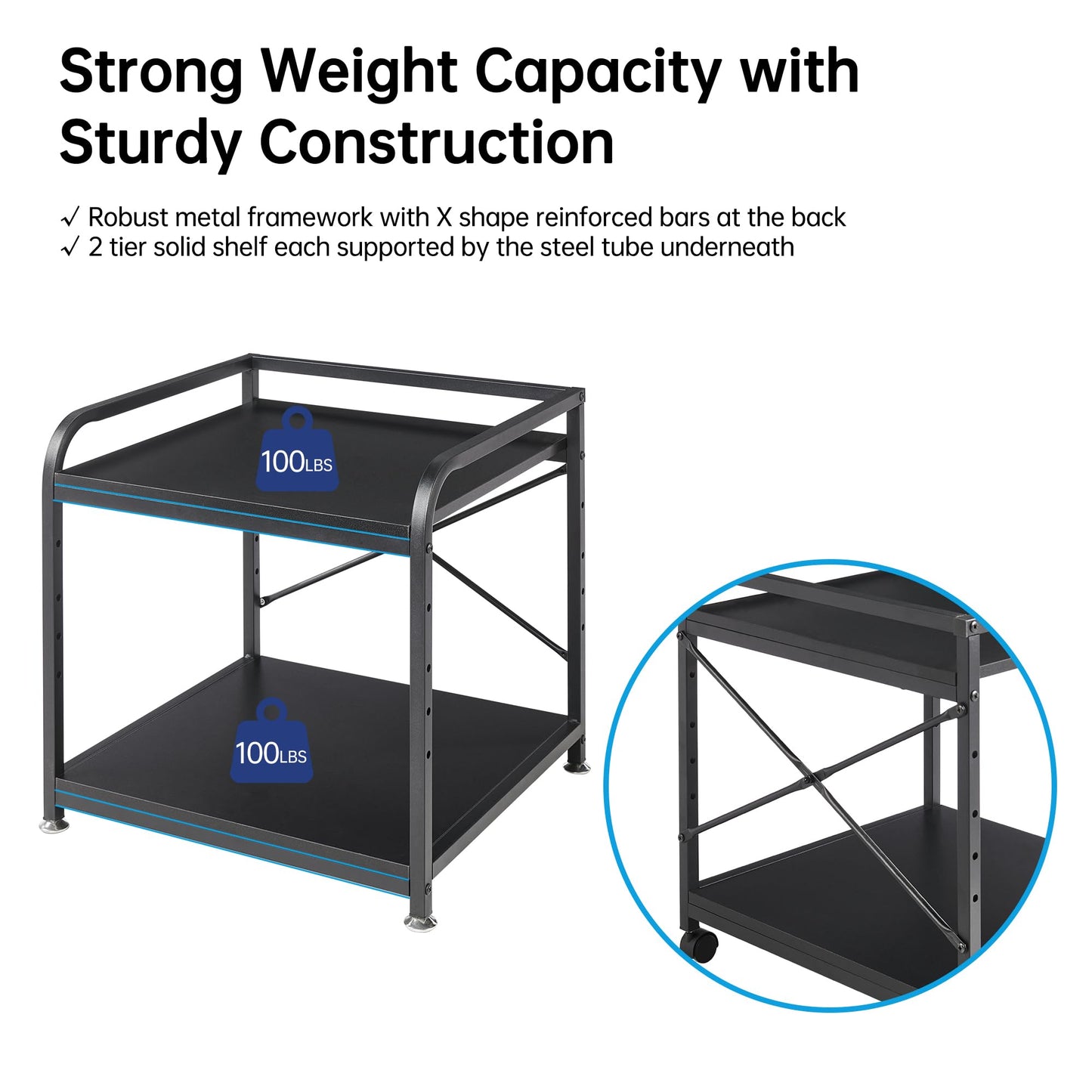 Fannova 2 Tier Under Desk Printer Stand with Storage, 20 Inches Deep Large Printer Table with Height Adjustable Shelf, Rolling Printer Cart with Wheels for Home Office - Black