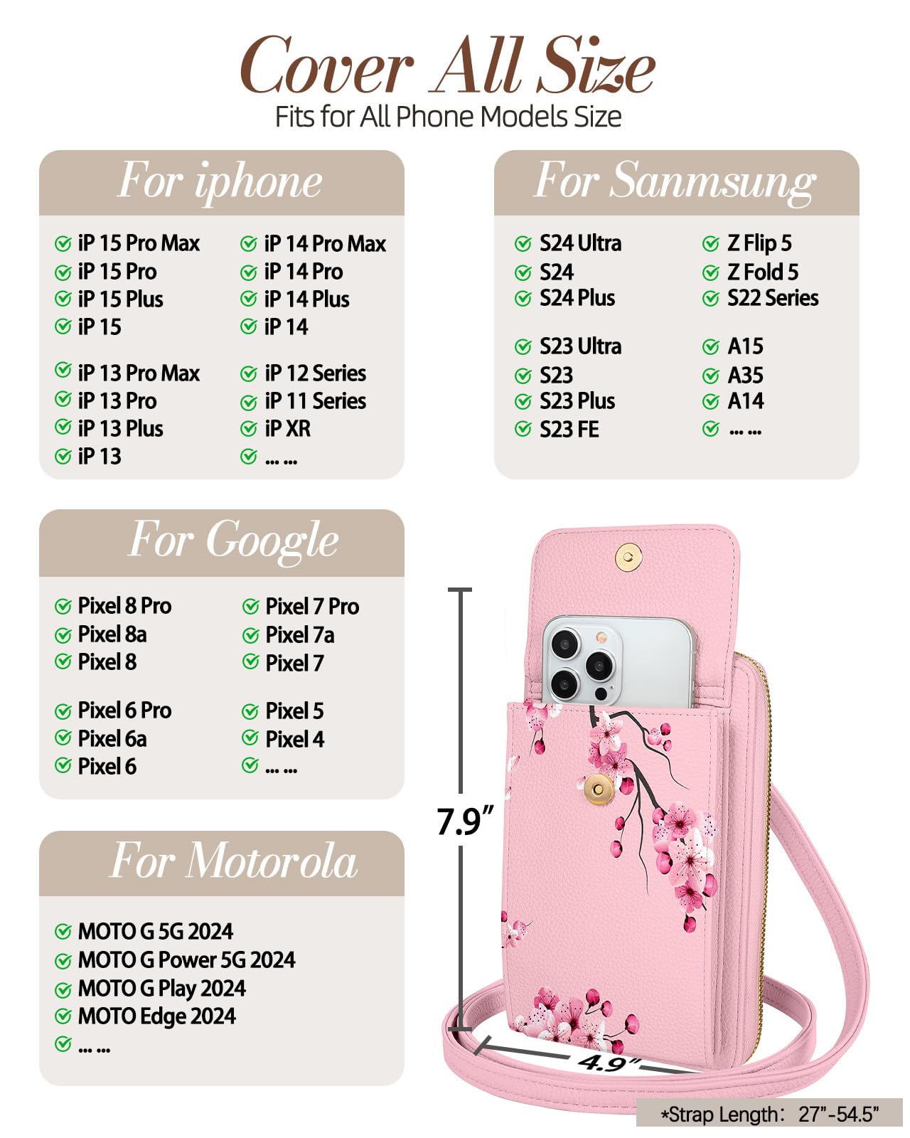 Miss Adola Cute Small Crossbody Purse Cell Phone Bags for Women - Leather Cellphone Wallet Purse with Adjustable Shoulder Rope and Wallet Card Slots, Peach Blossom