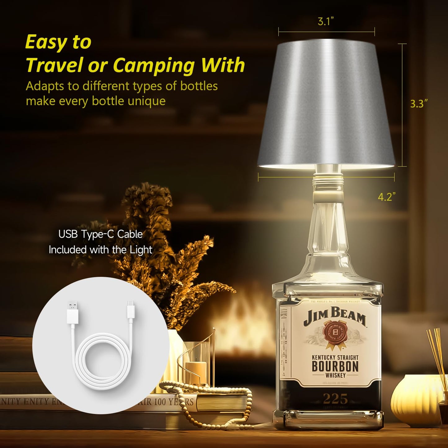 Hoide 2025 New Wireless Bottle Lamp - LED Bottle Lights for Liquor & Wine Bottles, Cordless Lampshade, Whiskey Bottle Top Light, Bottle Stopper Night Light Kit, Rechargeable 3-Tone Touch-Dimmable