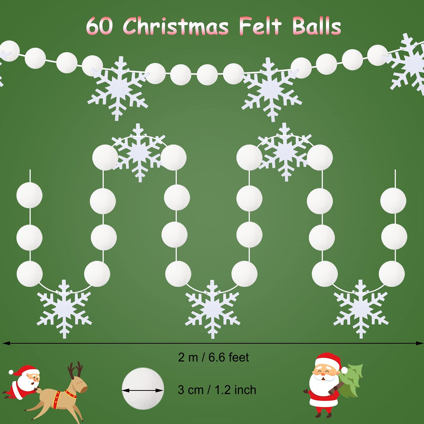 Tegeme 2 Pcs 13.2ft White Felt Pom Pom Garland Christmas Tree Decorations Cute Winter Snowball Snowflake Ornaments Hanging String Pompom Snowball Beads Xmas Holiday Birthday Party Banners
