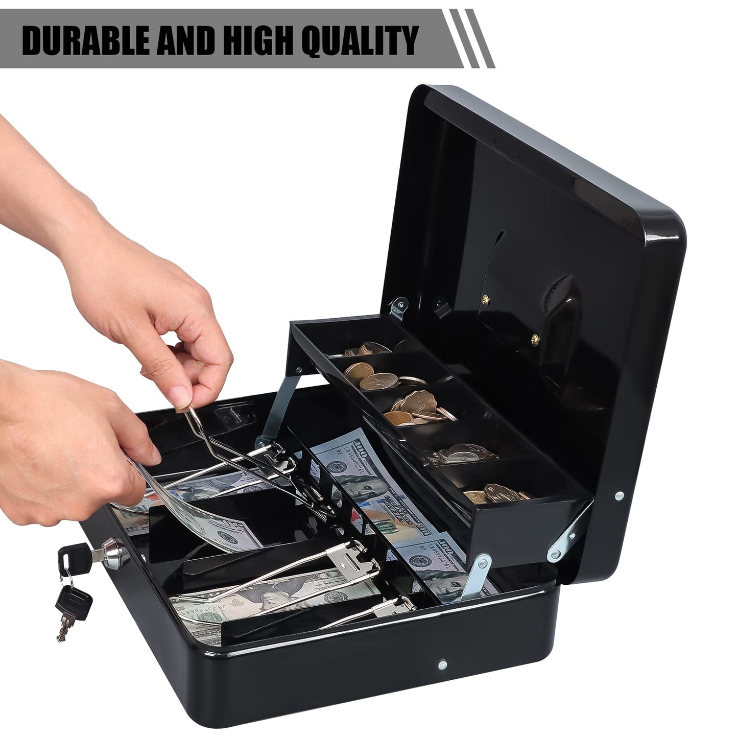 KYODOLED Cash Box with Money Tray, Key Lock Money Safe with Security Cable and Waterproof Bag, 11.81L*9.45W*3.54H inch, Black X Large