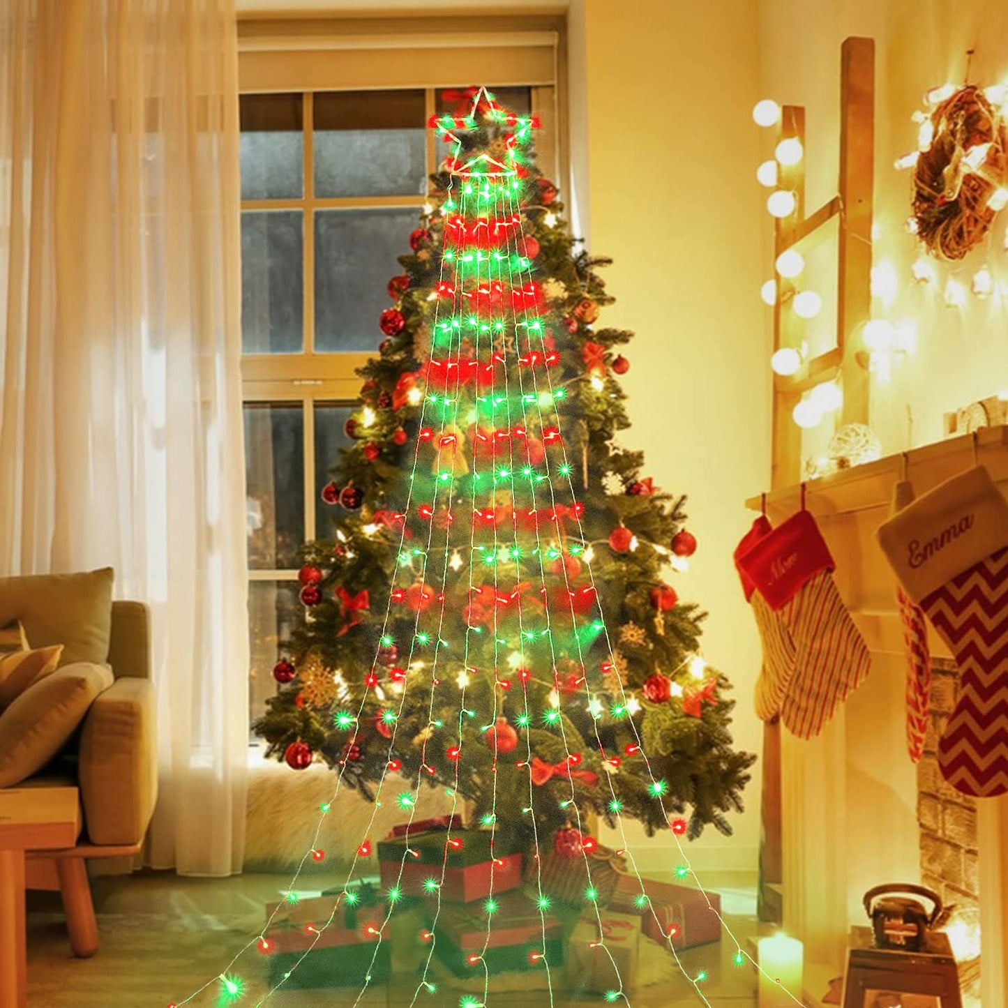 PUHONG Christmas Decoration Outdoor Star String Lights,320 LED Christmas Lights[8 Modes & Waterproof], Lighted Christmas Star for Halloween Xmas New Year Holiday (IronStar-Red+Green)