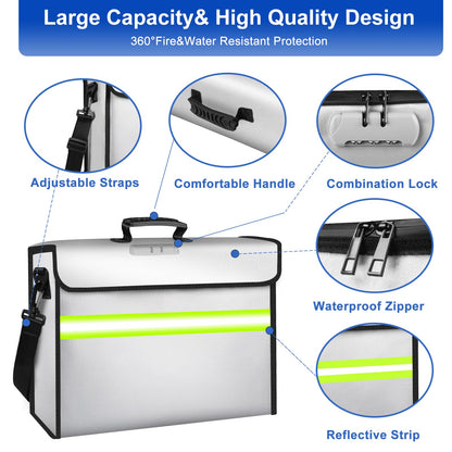 File Organizer Bag with Removable Folder Layers/Wallet,6500°F Fireproof Document Organizer with Lock&Reflective Strip,Portable Home Travel Safe Storage Box for Important Documents(14.1x9.5x4.2 inches)