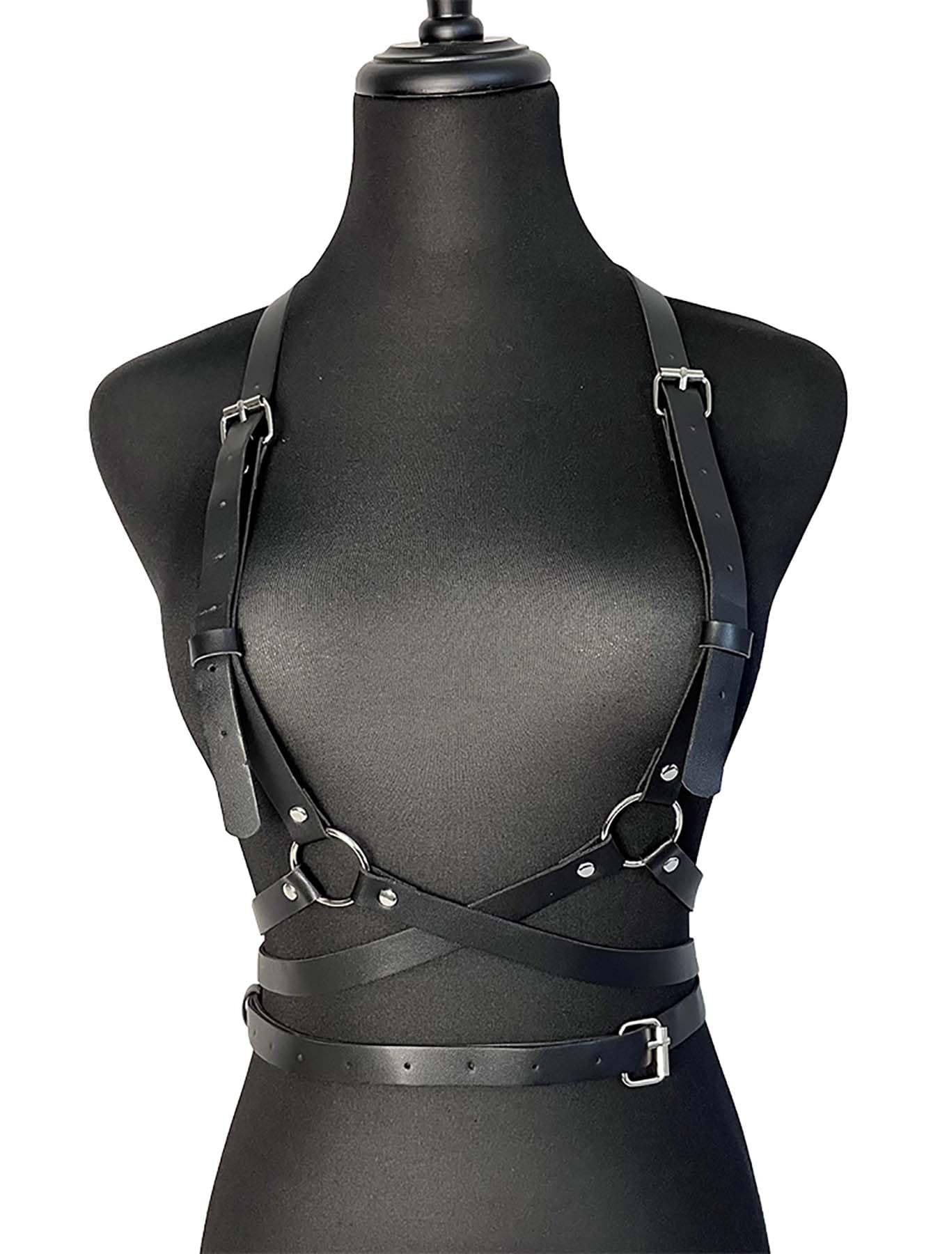 WARANDOD Leather Harness for Women Fashion Goth Chest Pu Black Harness Top Body Punk Belt Adjustable Waist Belts Rave Cosplay Halloween Accessories(Fits Waist 25-30in)