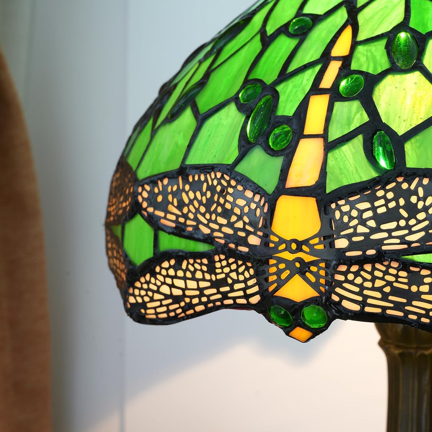 wecrejoni Tiffany Lamp Green Dragonfly Stained Glass Table Lamp 12X12X18 Inches Green Dragonfly Style Desk Reading Light Decor Beside Bedroom Living Room Home