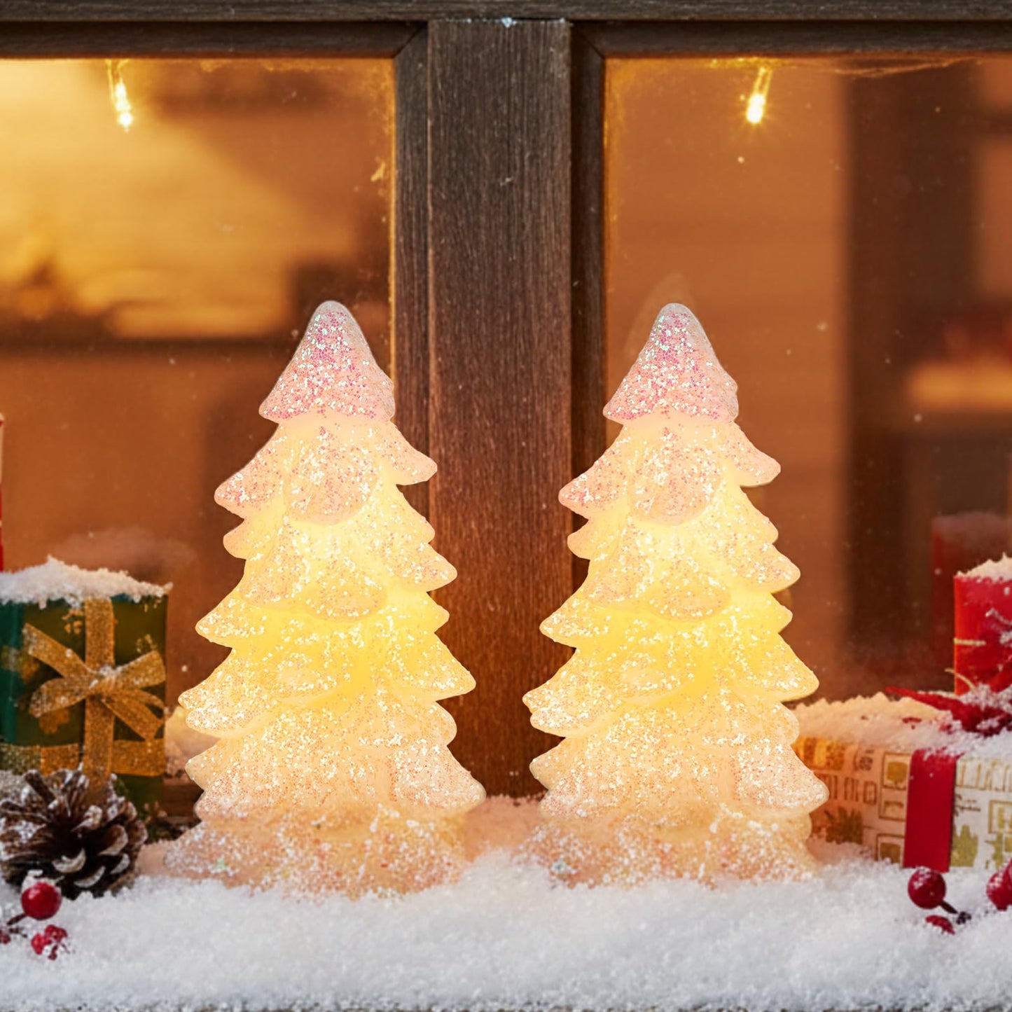Glooglitter 2 Pcs 5.5" White Christmas Tree Flameless Candles Glittering Real Wax Flickering Battery Operated LED Handmade Carved Candles for Xmas Party Decoration Gifts