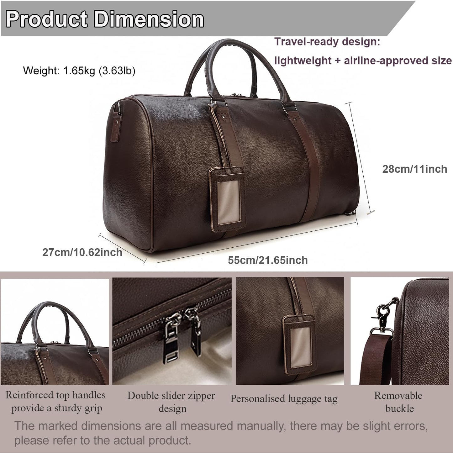 Yevabo Genuine Leather Duffel Bag for Men & Women, Cabin Friendly Carry-On Weekender Bag for Gym Travel Overnight Trips, Brown
