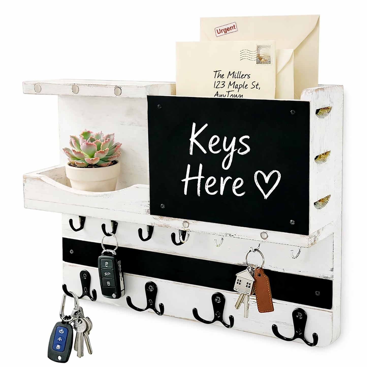 HEKOOLA Key Holder for Wall Mount with Shelf and Mail Organizer, Key and Mail Holder with 16 Hooks, Farmhouse Entryway Organizer, Home Decor Rack (Pine Wood, White Washed)