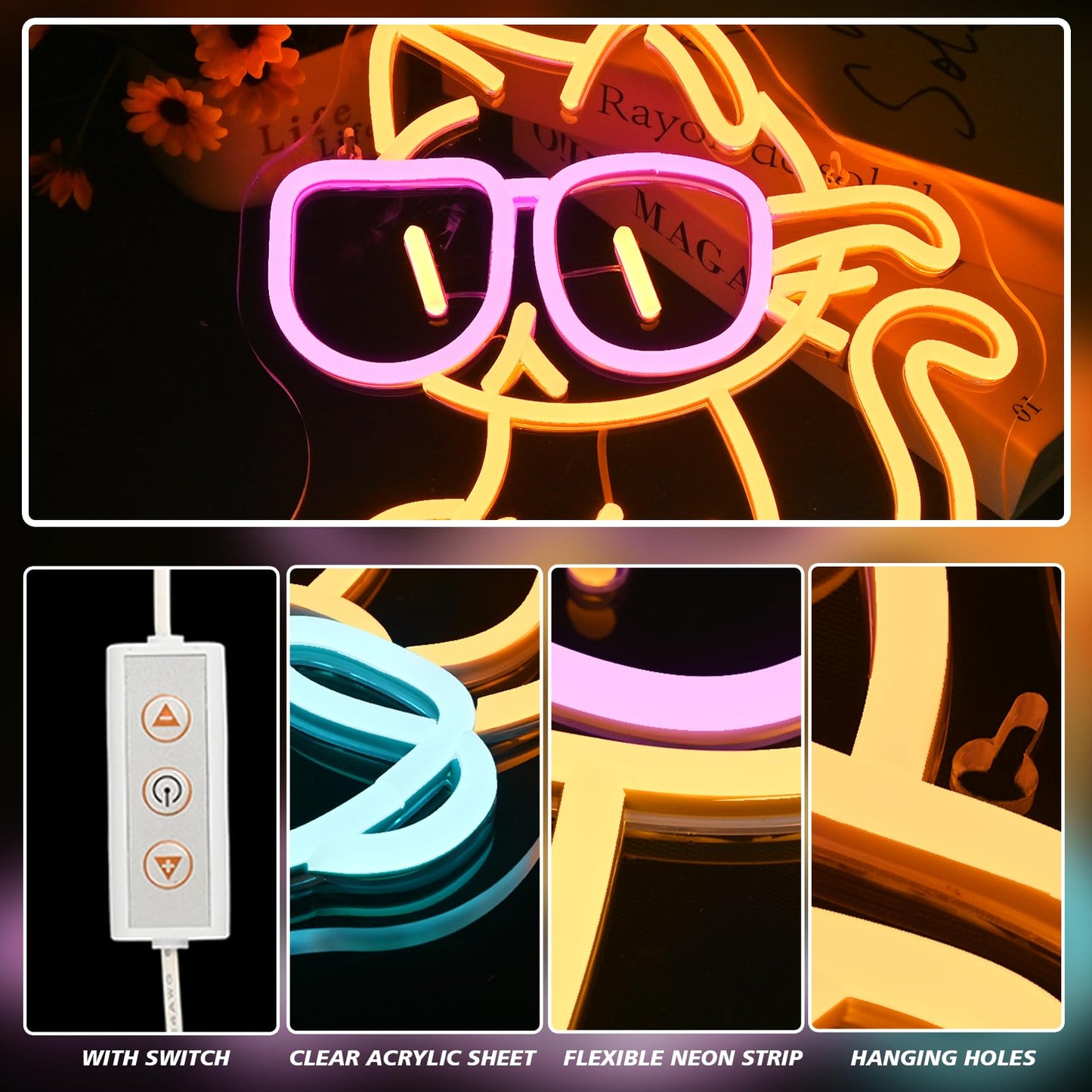 VVYXX Cat Reading Book Neon Sign Wall Decor Reading Cat Neon Light Bedroom Wall Decor Suitable for Classroom Book Party Library Decoration Reading Room Bookish Decor Gift