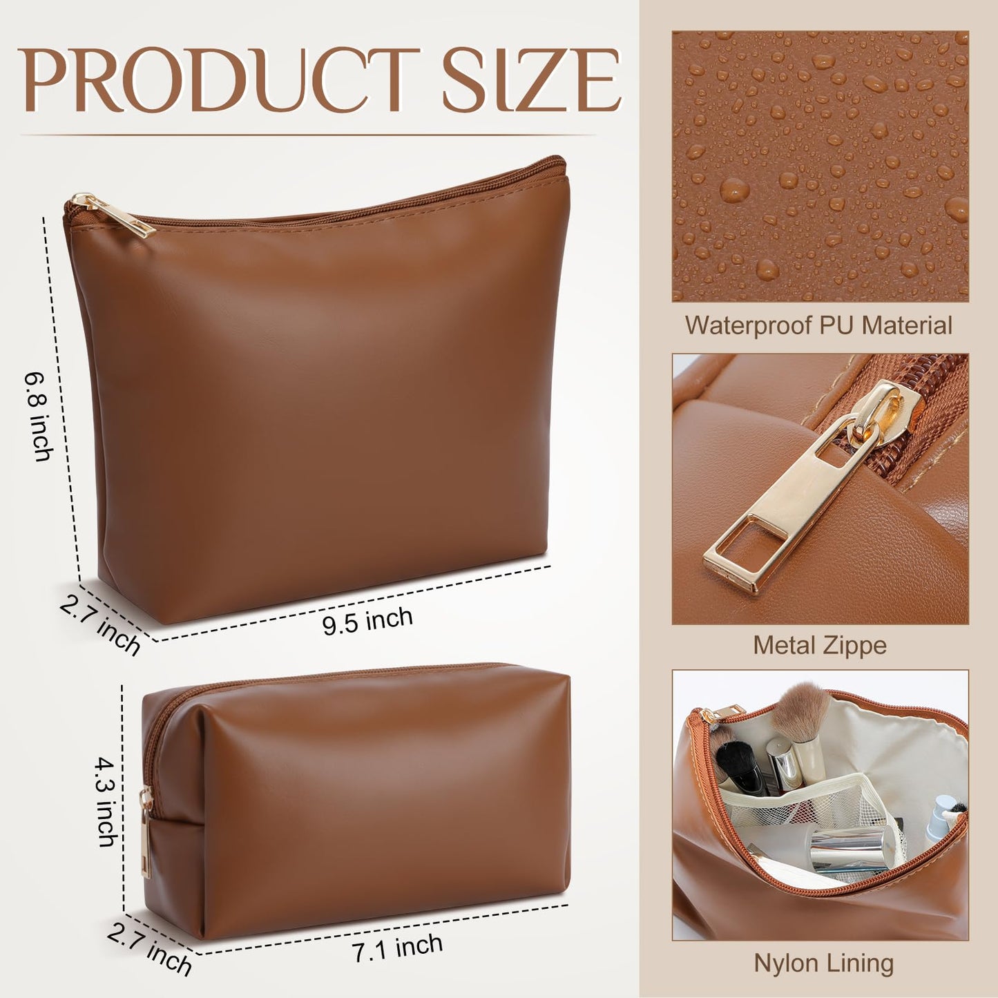 Kigeli 2 Pcs PU Leather Makeup Bag Set for Women Waterproof Aesthetic Cosmetic Bag Large & Small Travel Toiletry Organizer Pouch Skincare Organizer Bridesmaid Mother's Day Birthday Gift(Brown)