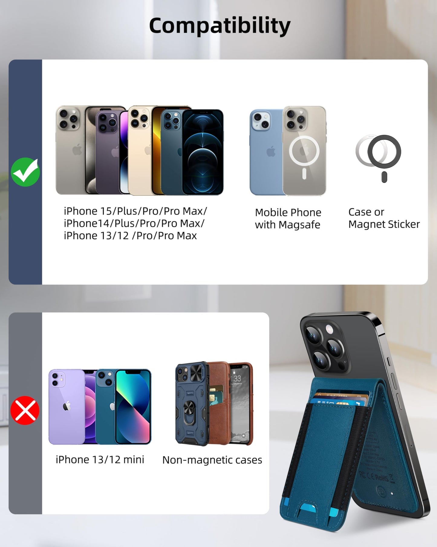 ExtreLife MagSafe Wallet, Work with Apple Find My, Magnetic Phone Wallet Stand for iPhone 17/16/15/14/13/12 Series, 8 Card Holder, RFID Blocking, Rechargeable, Blue
