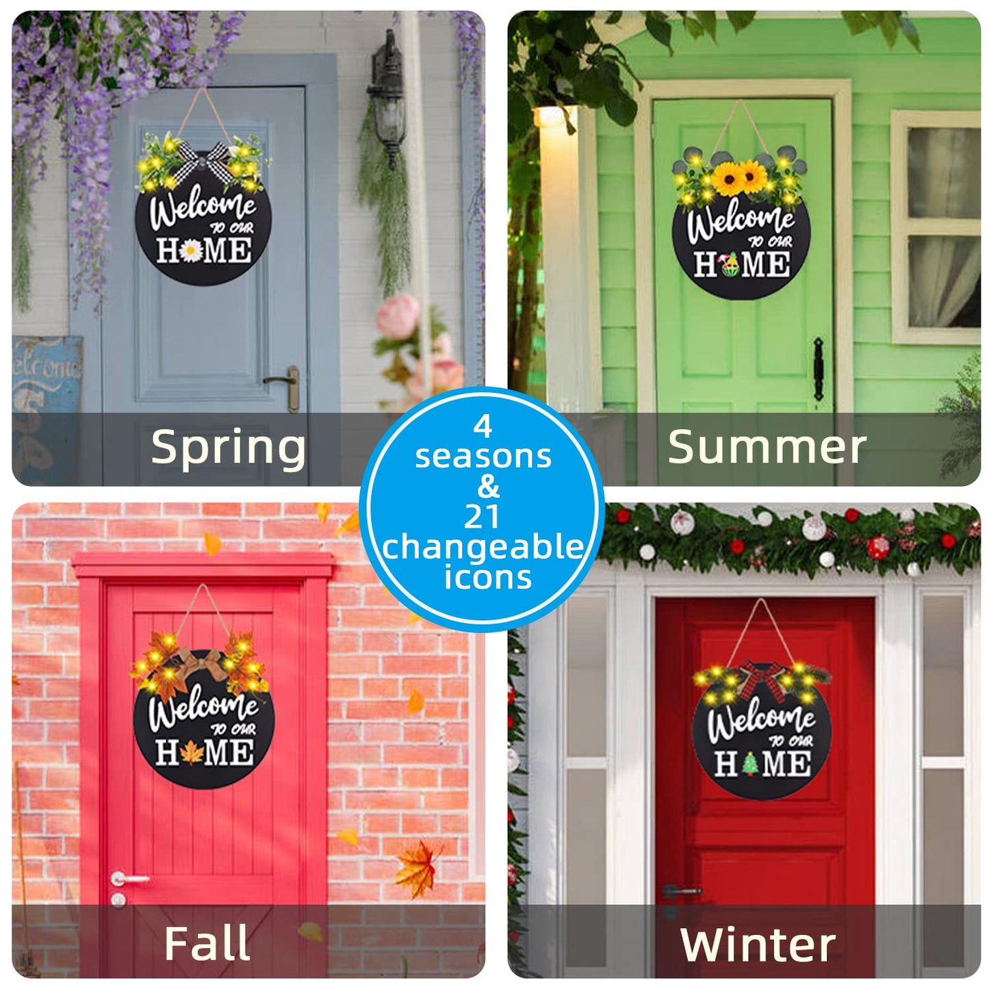 Interchangeable Welcome Home Sign, Front Door Decor With 4 Seasonal Wreaths and 21 Changeable Icons, Rustic Wood Wall Porch Hanger for Holiday Halloween Christmas Housewarming Gift (Black)