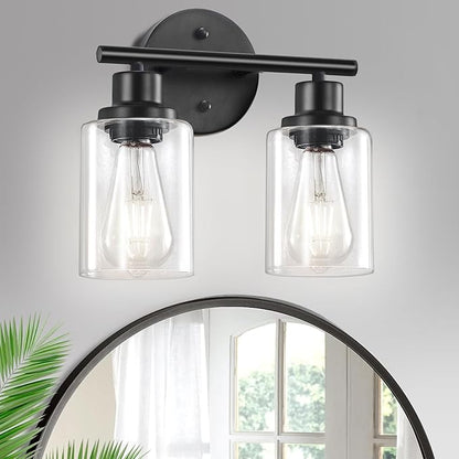 2-Light Black Bathroom Light Fixtures, E26 Modern Vanity Lights for Bathroom with Clear Glass Shade, Wall Lamps for Mirror Kitchen Hallway Cabinet Living Room Sconces Lights