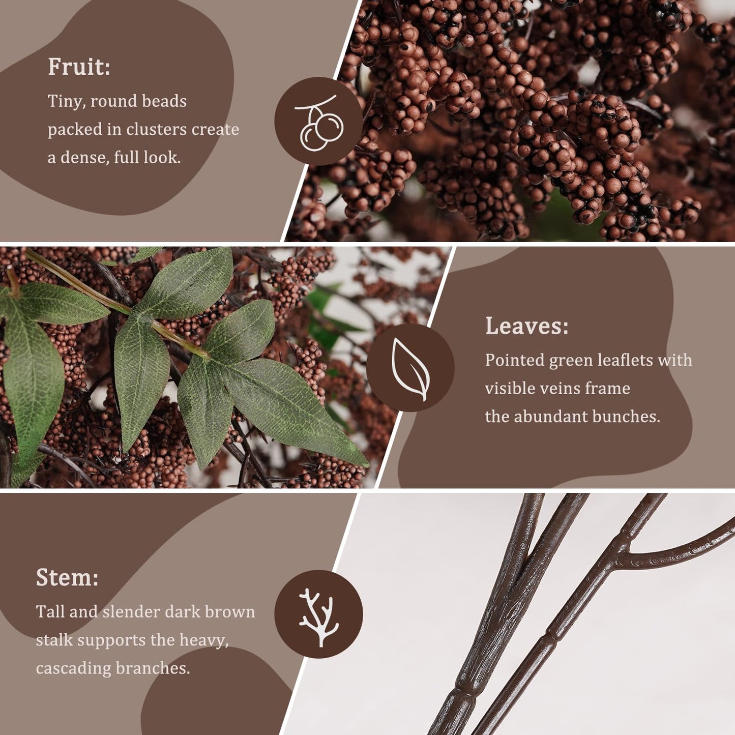 Miaikoe 3 Pcs Artificial Berry Stem 36" Realistic Flowers Picks Branches Faux Stem Spray DIY for Holiday Seasonal Farmhouse Mantel DIY Home Decorations (Dark Brown)
