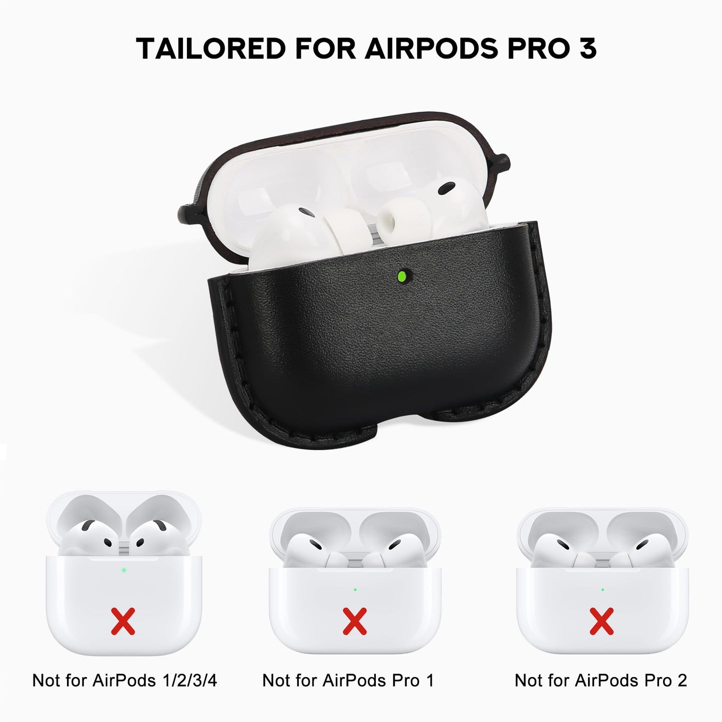 JusBumio Hand-Stitched Full Grain Vegetable Tanned Leather Case Compatible with AirPods Pro 3 (2025 Release), All-Leather Construction, MagSafe Ready, Unique Patina (Midnight Black)