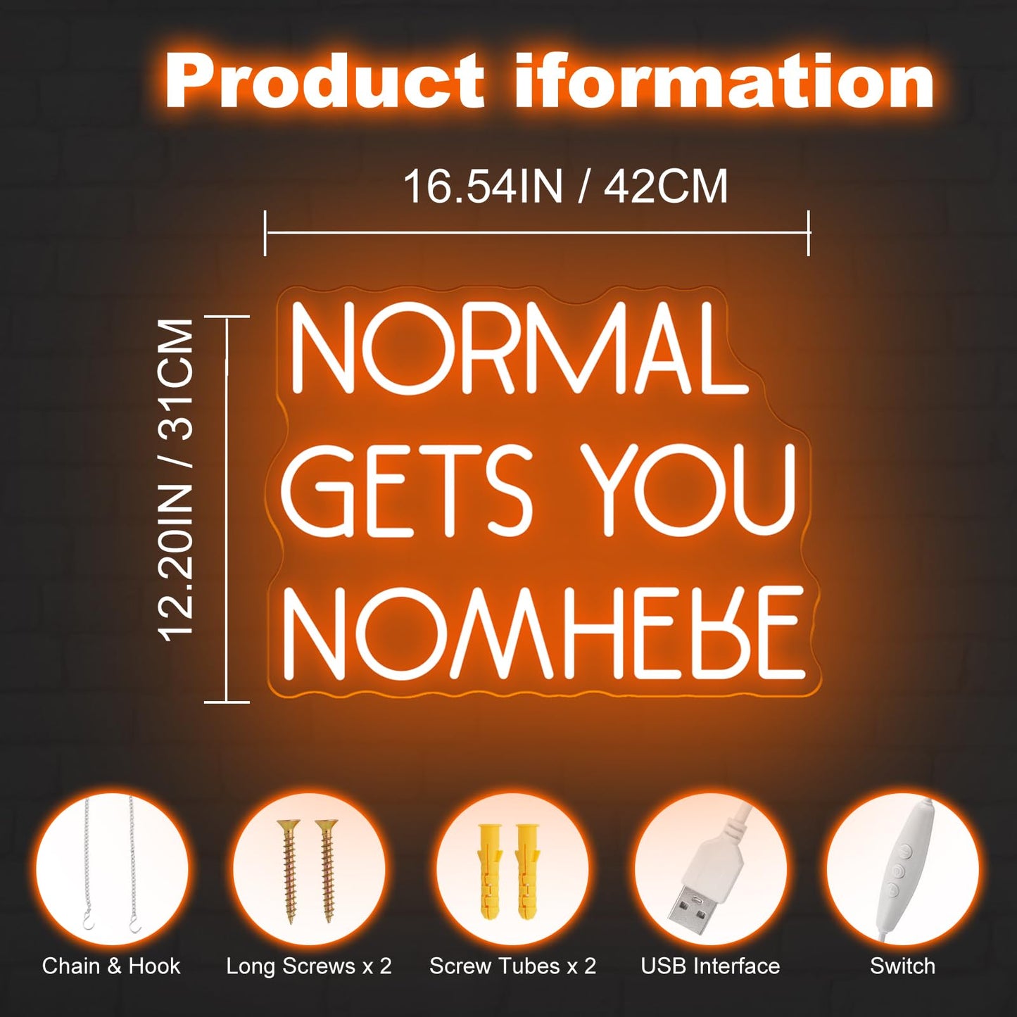 NORMAL GETS YOU NOWHERE Neon Sign, Light Office, Interior Design, Unique Gift, Quote Wall Art Led Light, Affirmation Neon Light for Beauty Salon Home, Party, Gift, Office, Bedroom, Man Cave-Orange-16.5"x12.2"