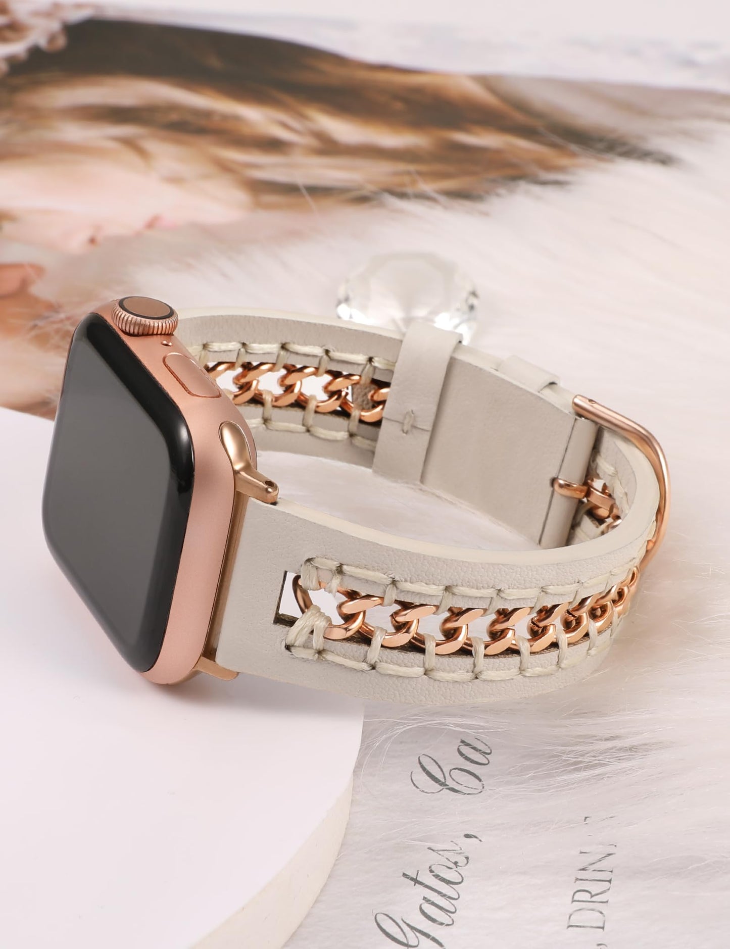 Minyee Leather Band Compatible with Apple Watch Bands 38/40/41/42/44/45/49mm Women,Dressy Designer Premium Leather Strap with Stainless Steel Metal Hollow-out Chain Bracelet for iWatch Ultra 2 Series