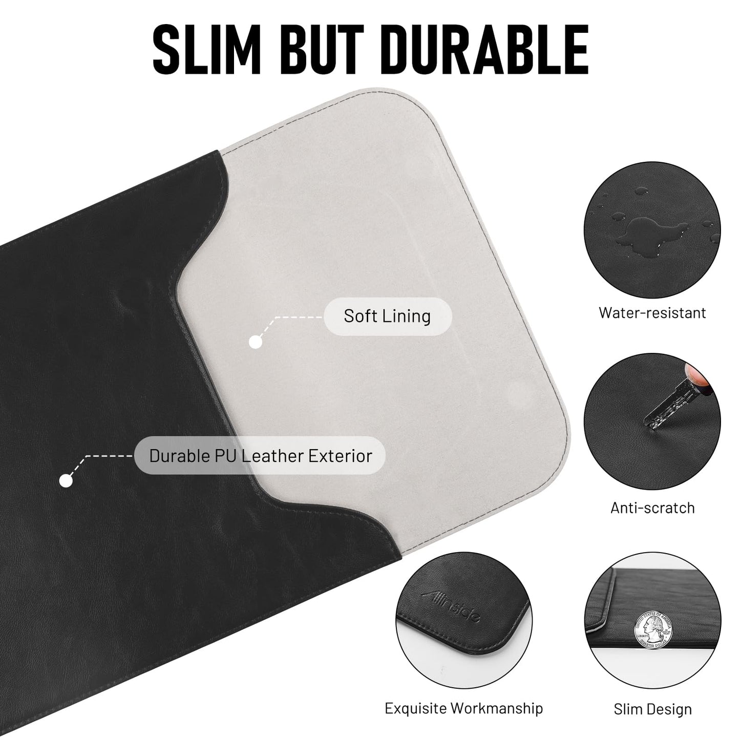 Allinside 15-16 inch Laptop Sleeve Case Compatible with MacBook Pro 16 2021-2026/MacBook Pro 15 2016–2019, Waterproof PU Leather Laptop Sleeve Bag Protective Vertical Case Cover, Black