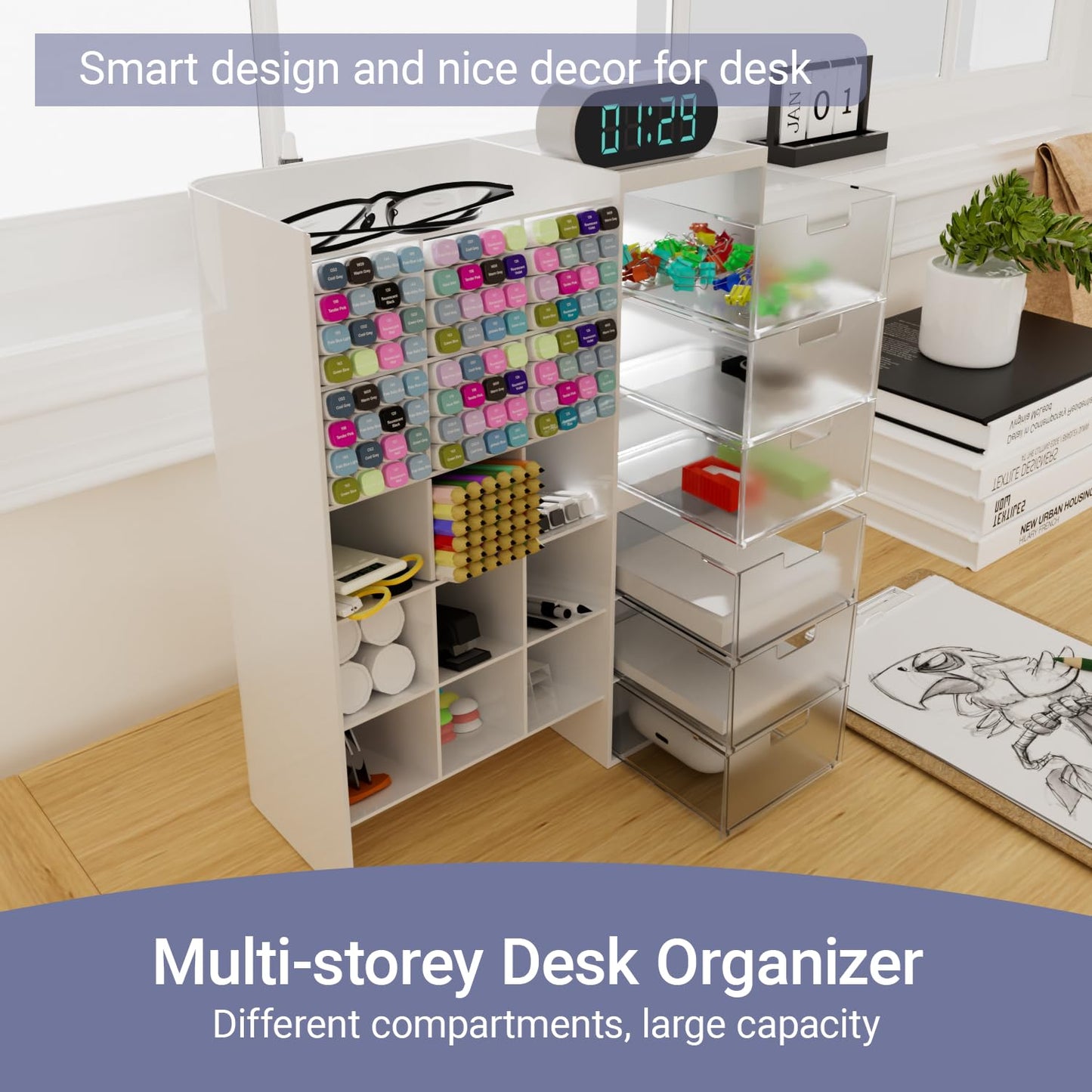 White Plastic Desktop Organizer – Stackable Office Desk Supplies Storage, Stationary,Marker,Crayon Organizer with Drawer – Perfect for Office, School, or Makeup Storage