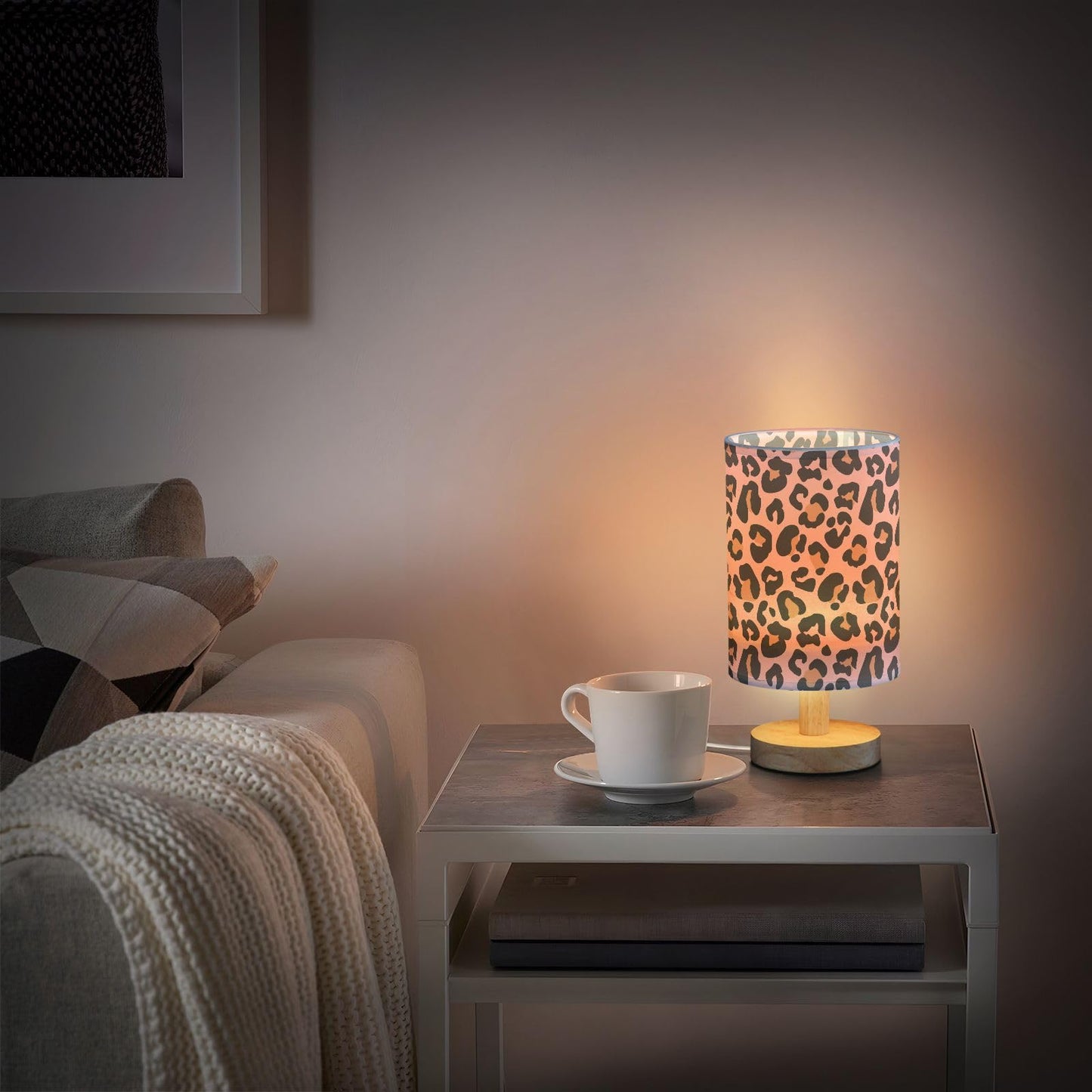 Oarencol Bedside Table Lamp Pink Leopard Nightstand Lamp with Wood Animal Cheetah Print Desk Lamps for Bedroom Living Room Nursery Office Home Decor