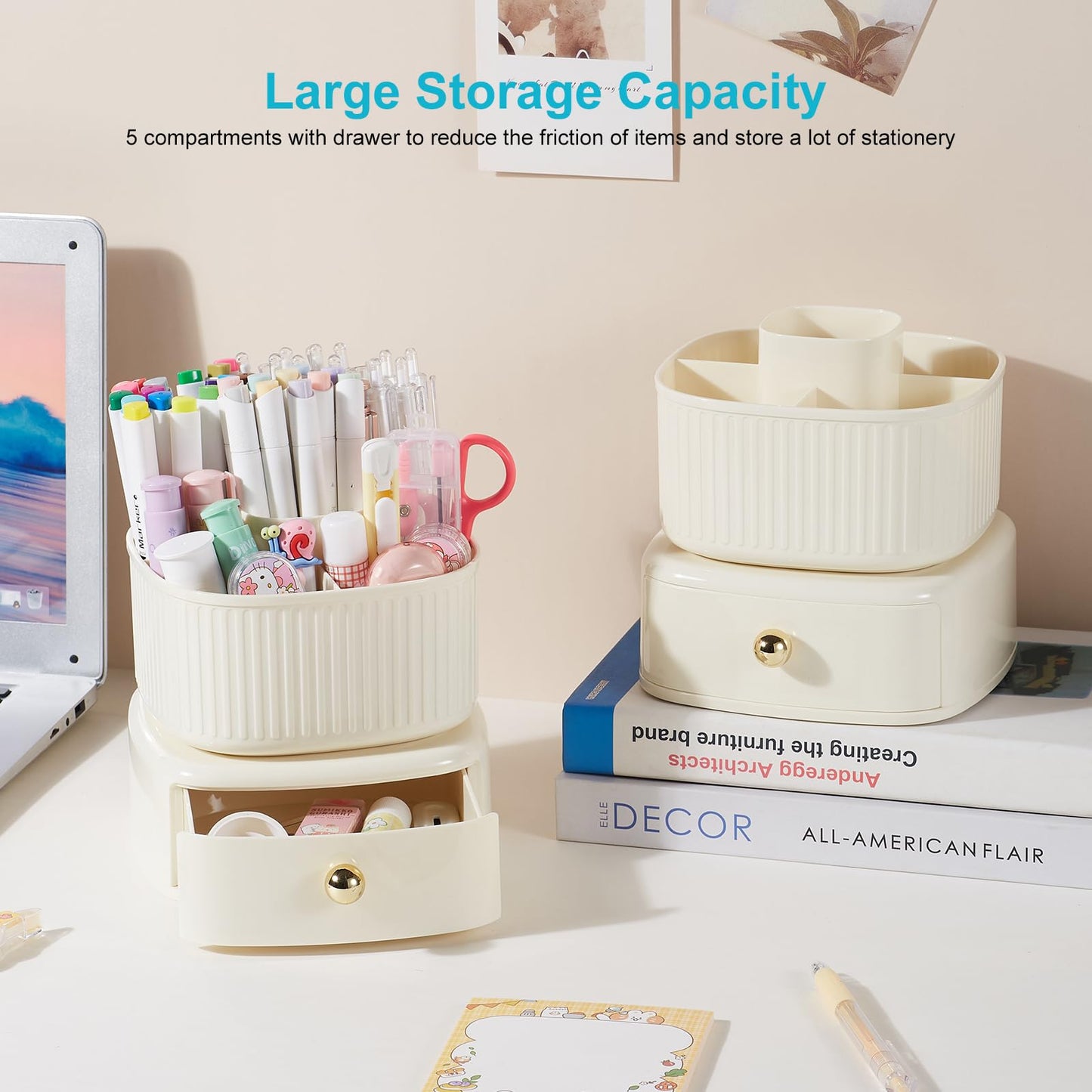 Lolocor 360 Degree Rotatable Pen Holder with Drawer, 5 Slots Office Desk Organizer Pen Holder for Desk Multi-Functional Pencil Box Desktop Stationary Organizer for Office School Home Beige