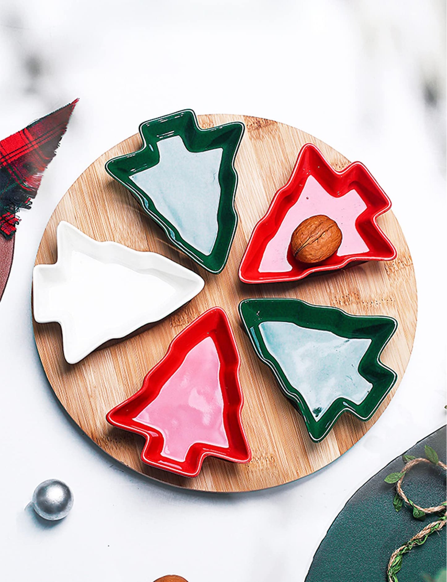 Rotatable Colorful 10.8 Inches 5pcs Christmas Tree Plates Chip & Dip Set Ceramic Snack Plate with Bamboo Tray, Round Removable Porcelain Appetizer Dessert Fruit Salad Saucer Bowls Cutlery Platter Dish