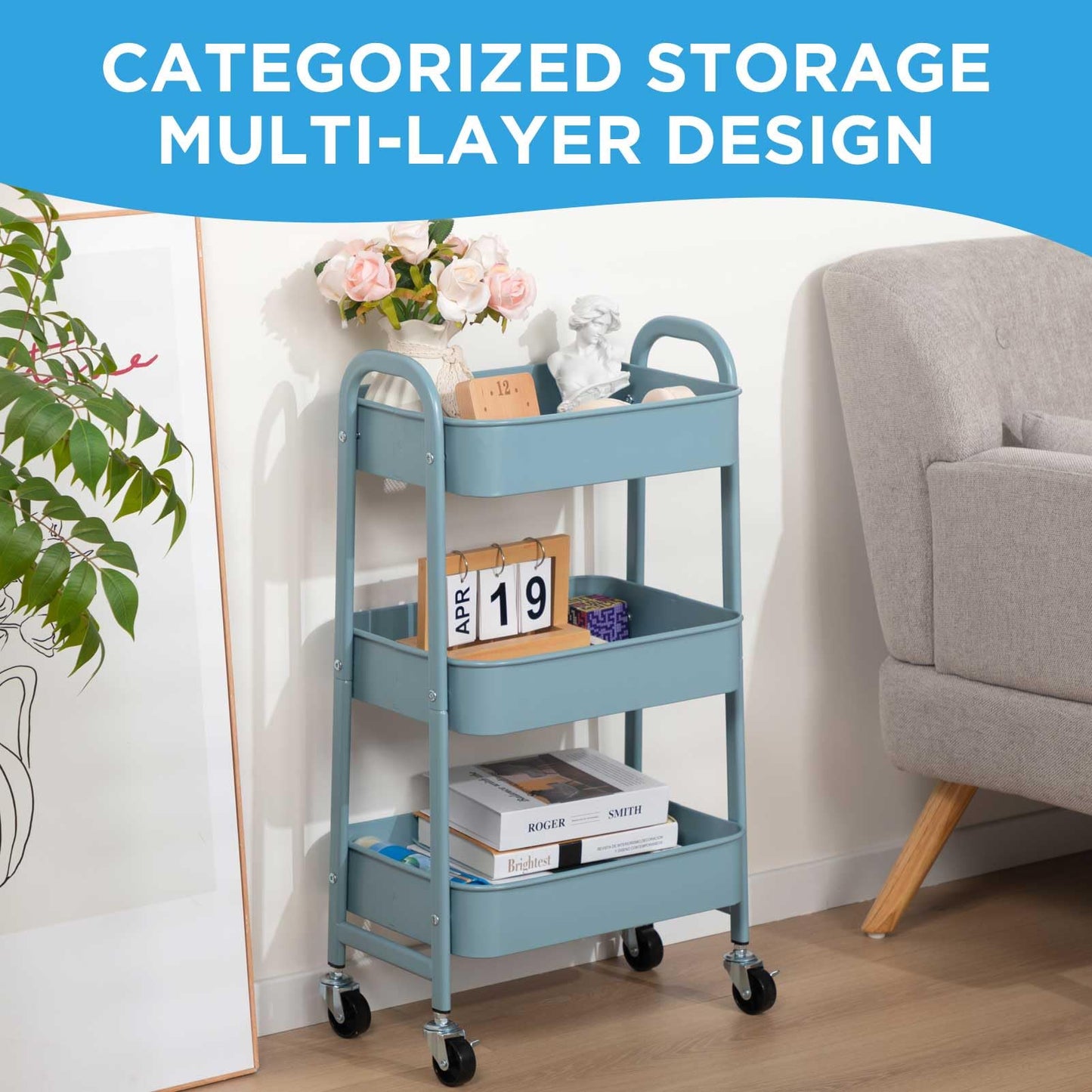 AGTEK 3 Tier Utility Rolling Cart with Lockable Wheels, Metal Multifunctional Storage, Organizer Cart for Kitchen, Office, Living Room, Makeup, Craft, Art Studio, Light Blue
