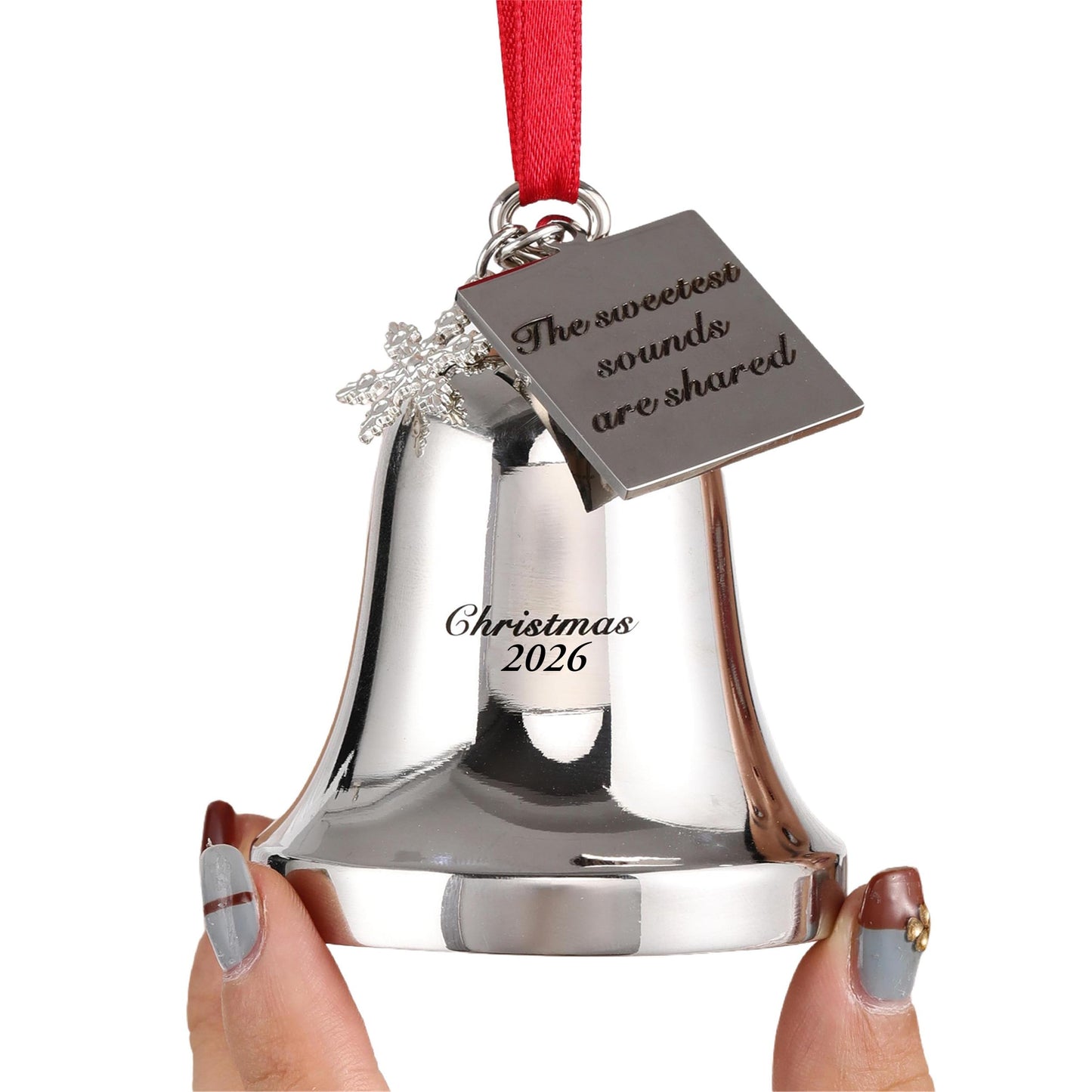 FKOG Christmas Bell Ornament 2026, Silver Metal with Snowflake Charm, Red Ribbon, Quote - The Sweetest Sounds are Shared Design, Holiday Tree Decoration, 3x2.4x2.4 Inches (Silver)