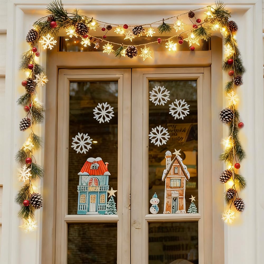 HiPiiy Christmas Garland with Snowflake Lights，9.8 Ft, Dual USB & Battery Powered, Pinecones & Red Berries, Perfect for Christmas, Wedding Parties, Fireplaces, Bedrooms, Indoor Outdoor Office Decor.