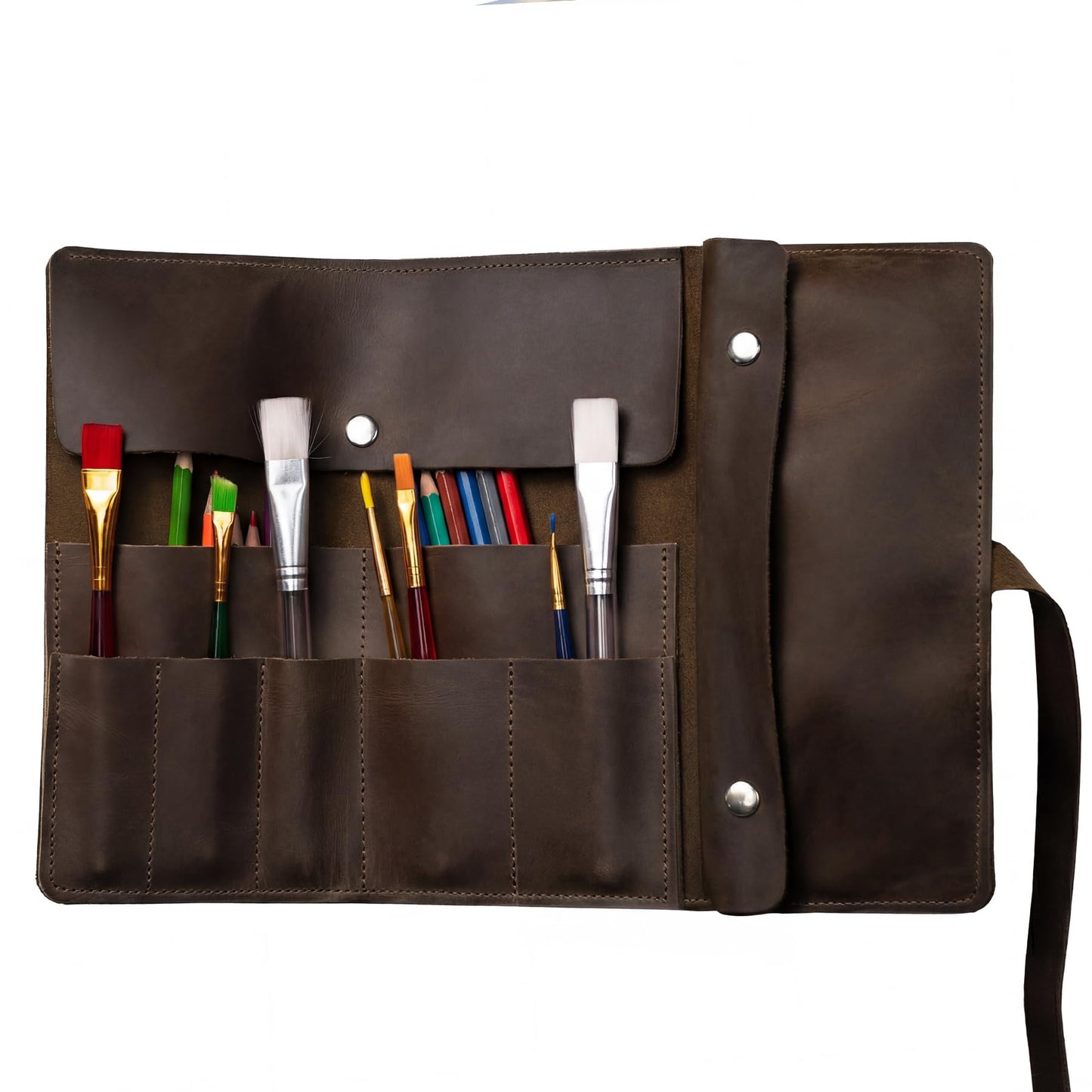 OMBUO Handmade Artist Pencil Case, Leather Artist Roll, Pencil Roll Case, Leather Pencil Case, Artist Gifts (Brown)