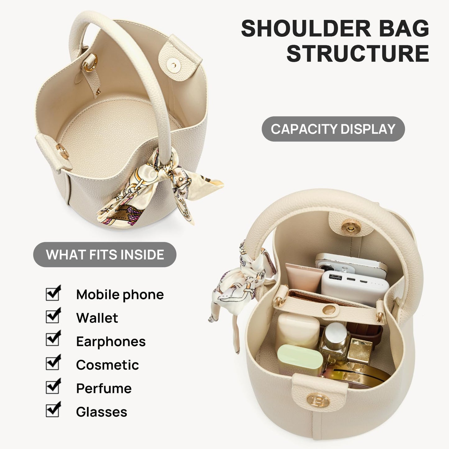 BOSTANTEN Small Crossbody Bags for Women Vegan Leather Mini Bucket Handbag Removable Shoulder Strap Beige