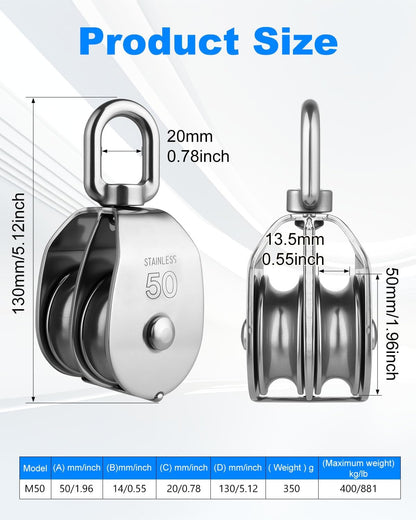 Rocaris 4 Pcs M50 Lifting Double Pulley Block 304 Stainless Steel Crane Swivel Hook Double Pulley Roller Loading