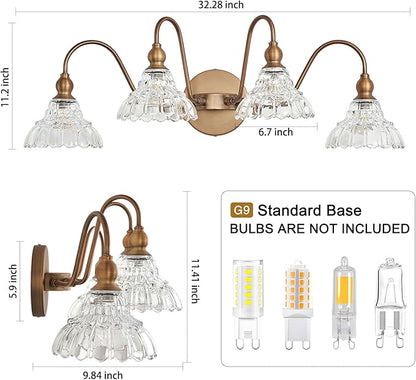 Vintage 4-Light Brass Bathroom Vanity Light Fixtures, Wall Sconces Vanity Lighting Fixture for Bedroom Bathroom Dressing Room Living Room