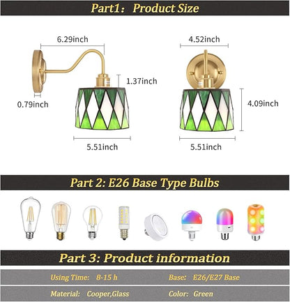 Vintage Battery Operated Wall Sconce with Remote, Rechargeable LED Wall Lamp 3 Colors Dimmable, Gold Wall Lights Fixture for Bedroom Bathroom Living Room Hallway Green Checker