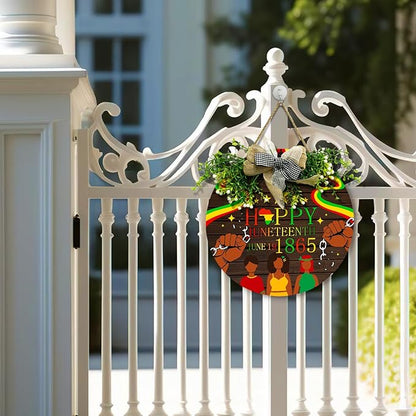 Happy Juneteeth Door Sign June 19th 1865 African Afro American Emancipation Round Wooden Sign with Bow Wreath Independence Day Freedom Day Door Hanging signs for Front Door Festival Decor