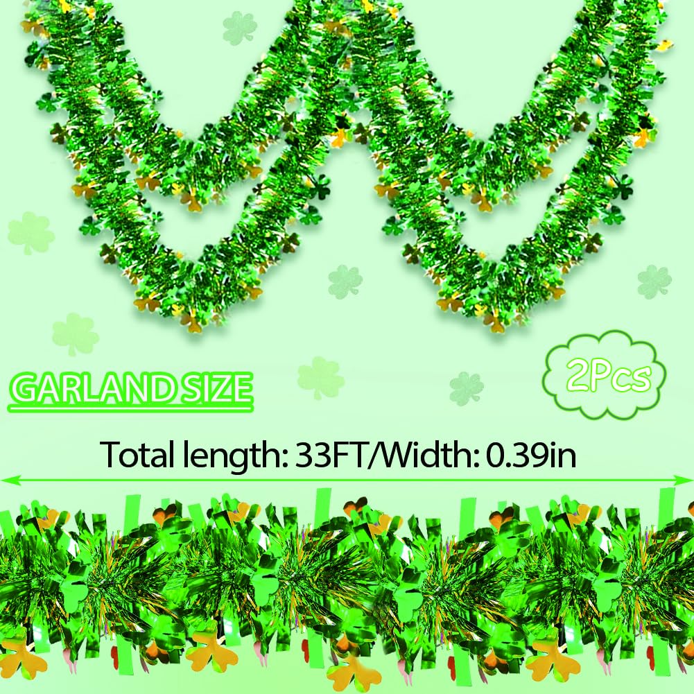 66 Ft St.Patrick's Day Tinsel Garland 2Pcs Green with Shamrock Saint Patricks Day Decorations for Saint Patrick's Day Party Decor Shiny Hanging Clover Green Tinsel Garland