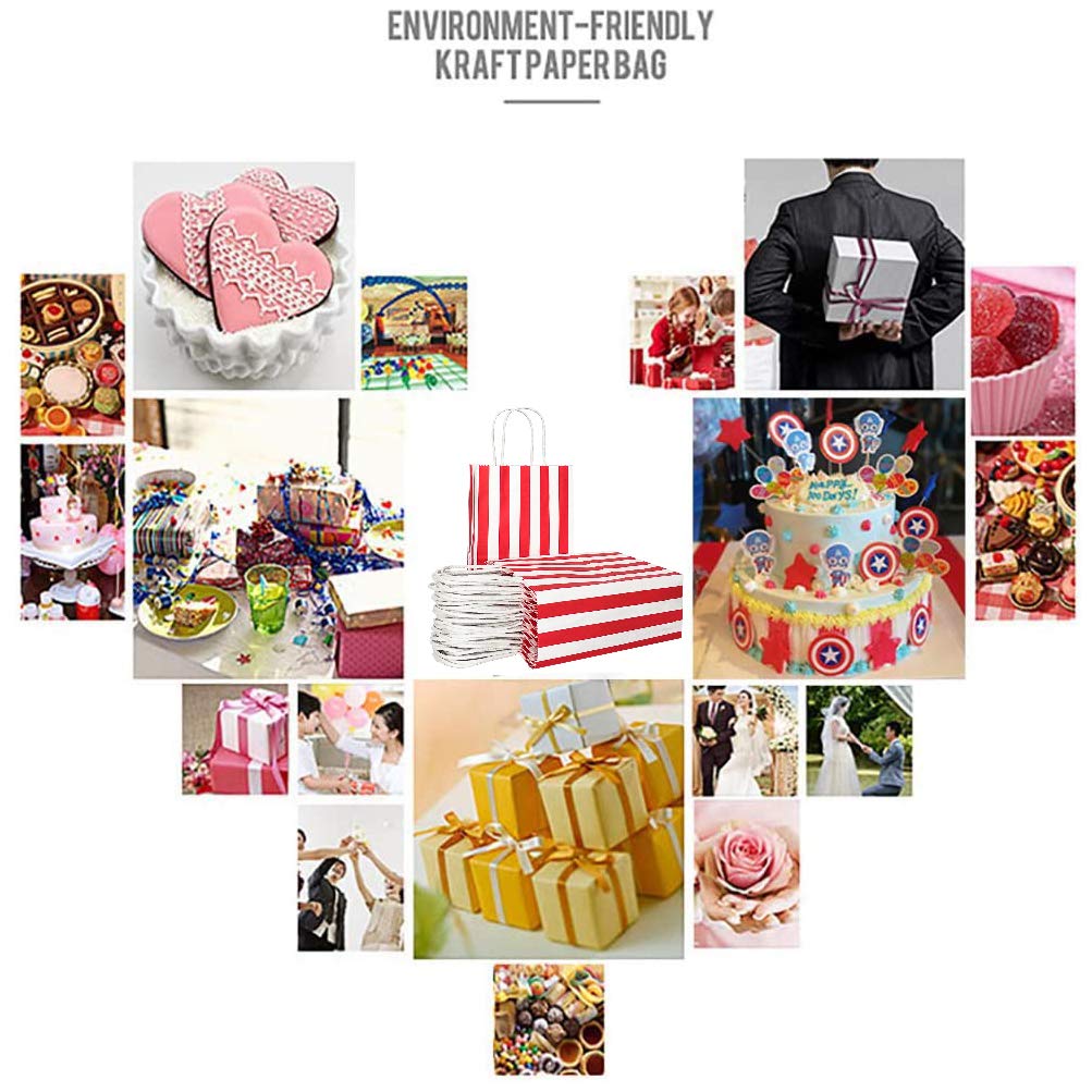 ADIDO EVA 25 PCS Red and White Striped Gift Bags Small Red White Stripe Bags with Handles for Party Favor (6.2 x 3.1 x 8.6 In)
