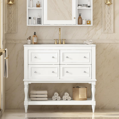 Virubi 36'' Bathroom Vanity with Single Sink, Freestanding Sink Cabinet with 4 Drawers and Open Shelf, Solid Wood Frame Bathroom Storage Cabinet