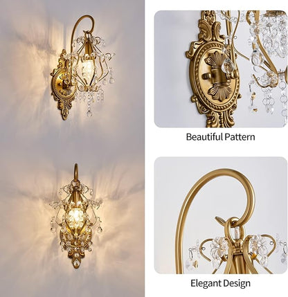 Gold Crystal Vintage Wall Sconces Set of 2 Indoor Hardwired Wall Light Fixture, Modern Wall Mount Lamp Light for Bedroom Living Room Bathroom Vanity Light Hallway Light Fixture Decor LED E12