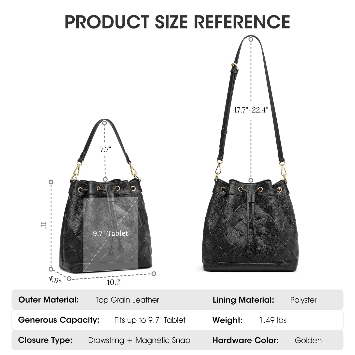 Kattee Woven Genuine Leather Bucket Bags for Women, Drawstring Crossbody Hobo Purses and Shoulder Handbags with 2 Detachable Straps, Black