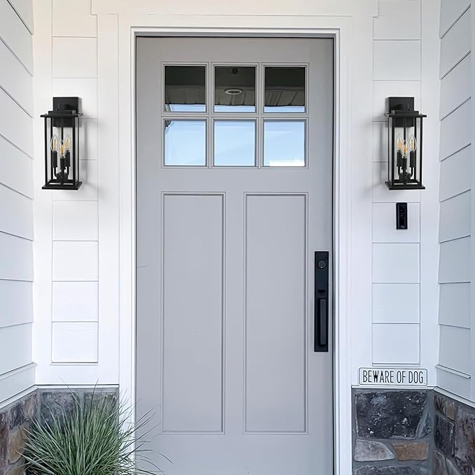 1-Pack 15" Outdoor Wall Lantern Candelabra 3-Light, Waterproof Exterior Wall Light Fixture with Clear Glass Front Porch Light Outdoor Wall Sconce, E12 Base Exterior Sconces for Garage