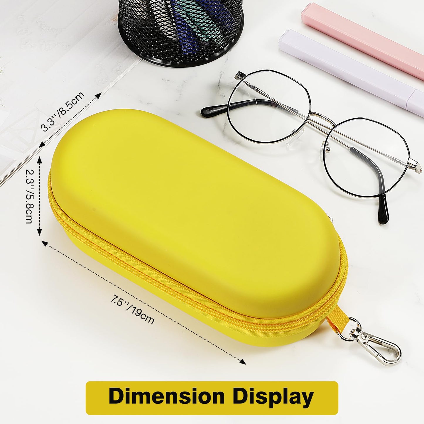 MoKo Double Glasses Case Hard Shell, Portable Travel Eyeglasses Case with Zipper Closure & Metal Hanging Hook, PU Leather Dual Sunglass Organizer for Women, Men, Yellow-Oval