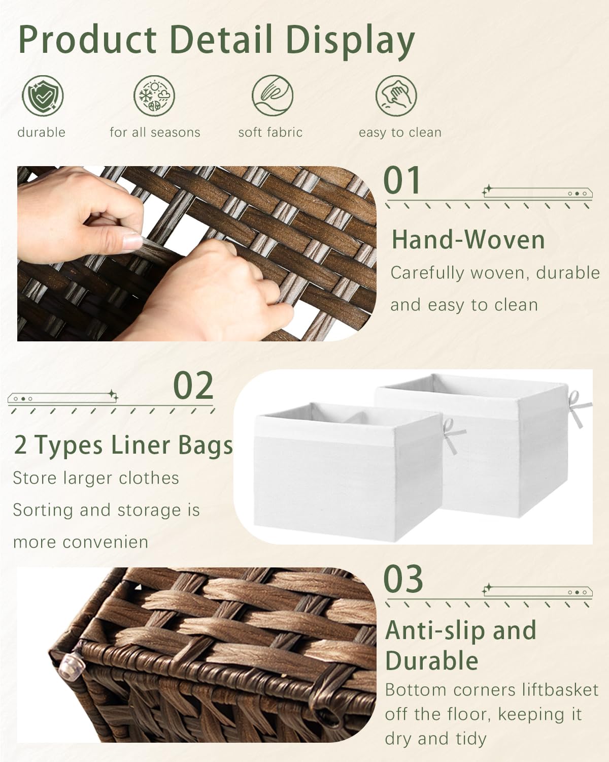 SETVSON Storage Basket with Lid Rattan Woven Storage Baskets with 2 Separate Lids, 17.2 Gallon (65 L), 22 x 13 x 13.8 Inches,Foldable, 2 Removable Liner Bags Handles for Bedroom, Laundry Room Brown