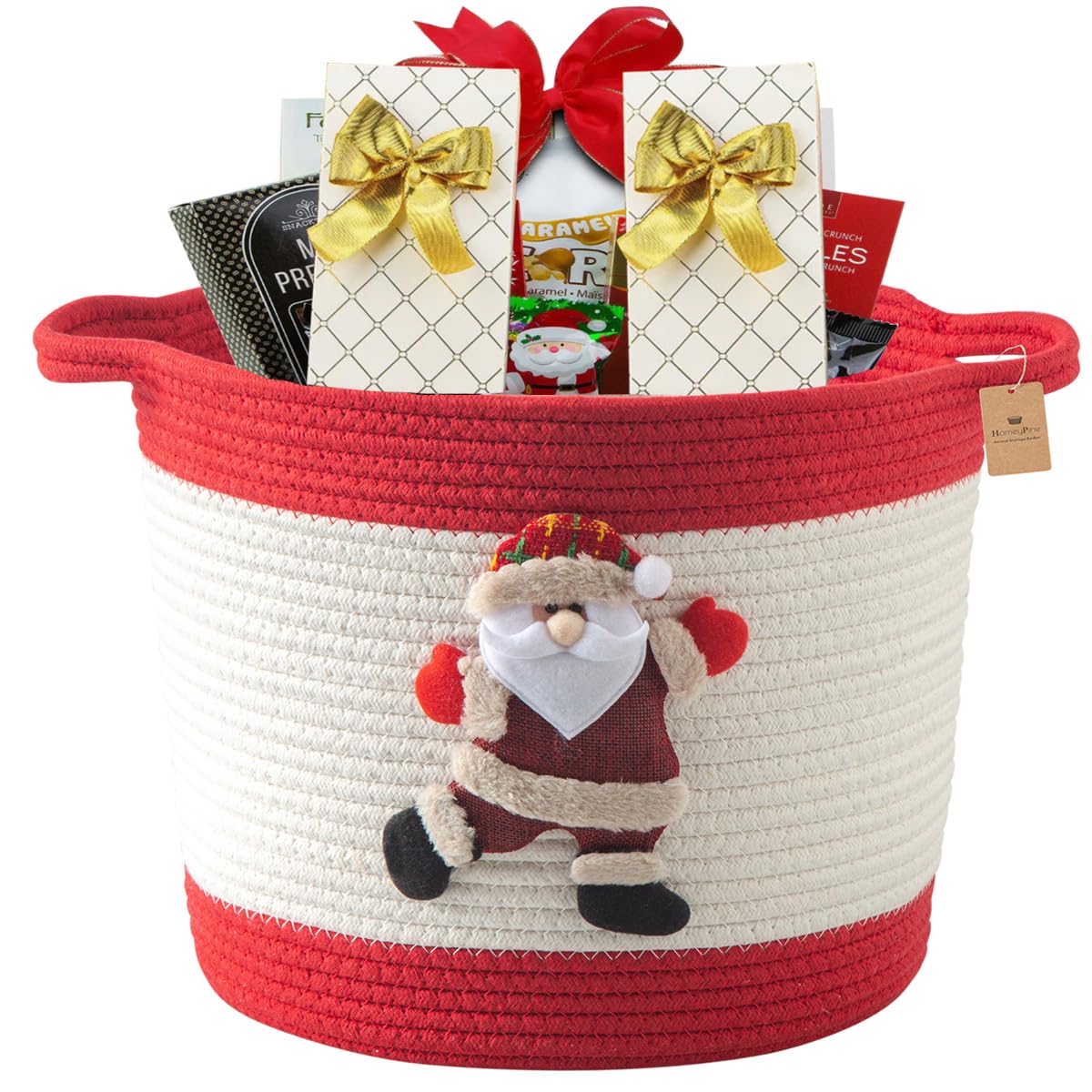 HomeyPine Christmas Basket with Santa Claus Doll, Woven Cotton Rope Christmas Storage Basket with Handles, Christmas Toy Baskets for Baby Towels, Diapers, Pet Toy Storage Basket, Red