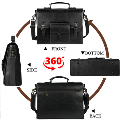 Leather Messenger Bag for Men Women 15.6 Inch Waterproof Vintage Leather Laptop Briefcase Large Satchel Shoulder Bag Office Travel College Computer Laptop Bag, Black